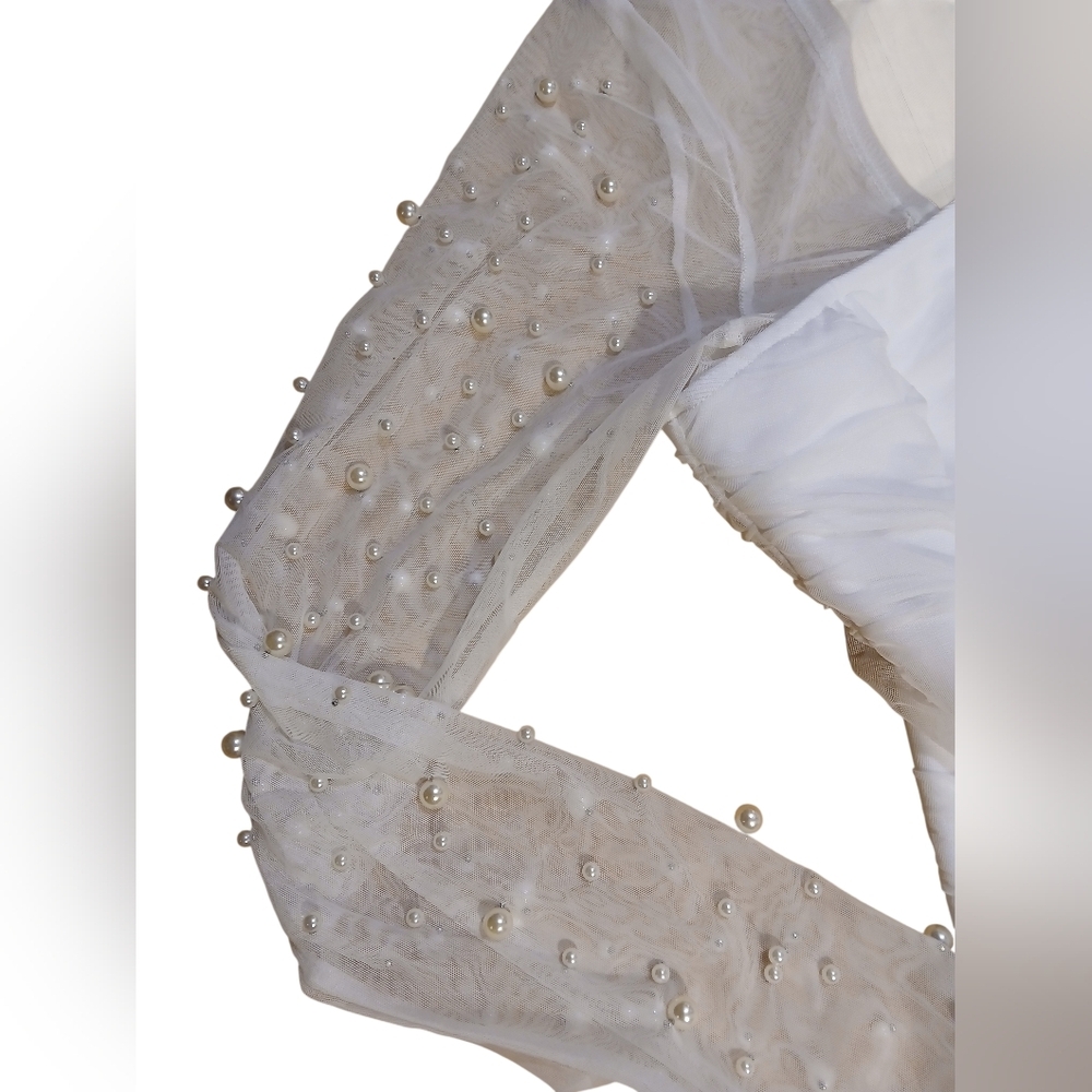 NWT Sheer Shoulders & Sleeves W Scattered Pearls White Mini Dress 3X - Picture 5 of 10